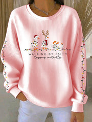 Women's Funny Christmas Goose Walking By Faith Tripping Constantly Ribbed Round-Neck Sweatshirt