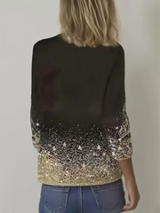 Women's Elegant Black & Golden Christmas Tree Print Long Sleeve Round Neck T-Shirt