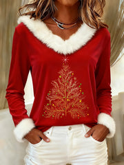 Women's Christmas Tree Art Casual Fur Collar Top