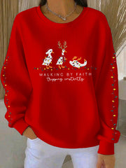 Women's Funny Christmas Goose Walking By Faith Tripping Constantly Ribbed Round-Neck Sweatshirt