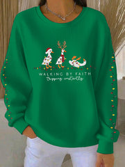 Women's Funny Christmas Goose Walking By Faith Tripping Constantly Ribbed Round-Neck Sweatshirt