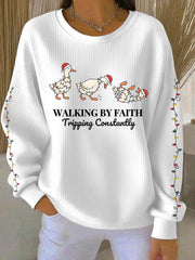 Women's Funny Christmas Goose Walking By Faith Tripping Constantly Ribbed Round-Neck Sweatshirt