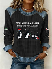 Women's Funny Christmas Walking By Faith Tripping Constantly Print Casual Waffle Hoodie