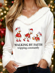 Women's Funny Christmas Goose Walking By Faith Tripping Constantly Print Casual Fur-Collar Top