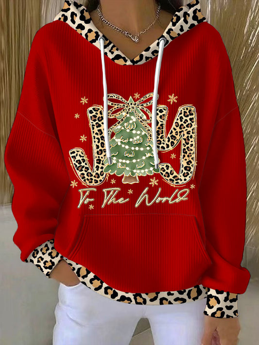 Women's Joy To The World Glitter Leopard Christmas Tree Hoodie