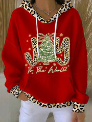 Women's Joy To The World Glitter Leopard Christmas Tree Hoodie