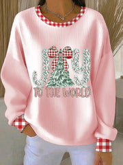 Women's Coquette Jesus Christmas Joy To The World Ribbed Round-Neck Sweatshirt