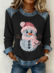 Women's Christmas Cute Snowman Print Casual Waffle Hoodie