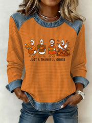 Women's Just A Thankfui Goose Denim Patchwork Waffle Top