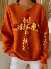 Women's Thanksgiving Thankful Grateful Blessed Ribbed Round-Neck Sweatshirt