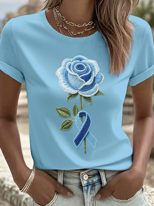 Women's Blue Rose Beaded Embroidered T-Shirt