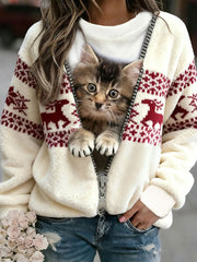 Women's Christmas Cat Flannel Hoodie