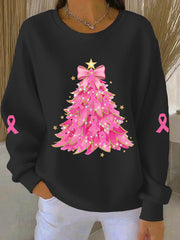 Women's Breast Cancer Awareness Christmas Tree Pink ribbon Ribbed Round-Neck Sweatshirt
