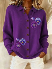 Women's Purple Art Knit Lapel Button Knit Cardigan