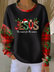 Women's Christmas combined with faith print Ribbed Round-Neck Sweatshirt