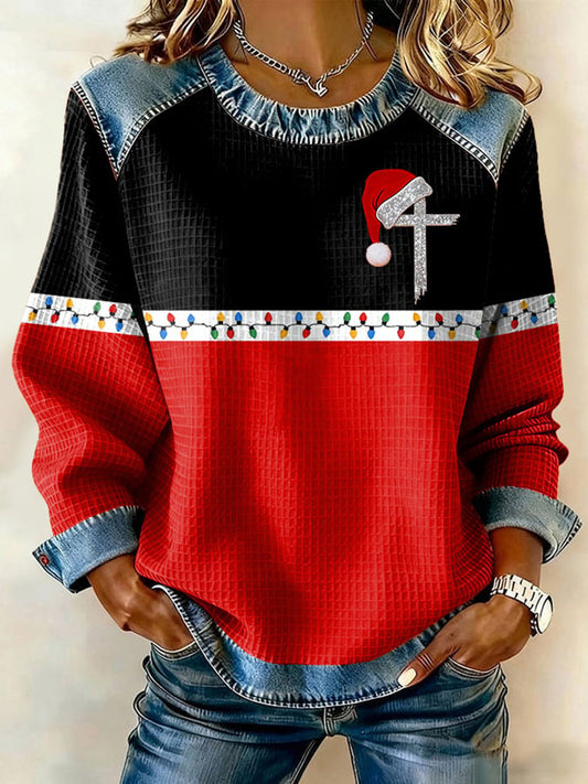 Women's Christmas Cross Denim Patchwork Top