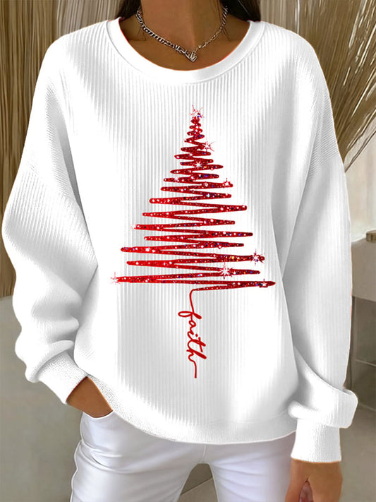 Women's Faith Christmas Tree Ribbed Round-Neck Sweatshirt