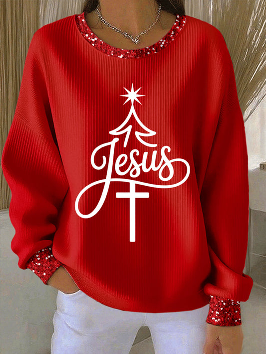 Women's Jesus Christmas Tree Ribbed Round-Neck Sweatshirt