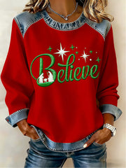 Women's Christmas Believe Denim Patchwork Top