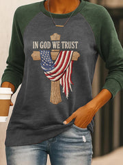 Women's In God We Trust USA Flag Cross Print Casual Sweatshirt
