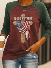 Women's In God We Trust USA Flag Cross Print Casual Sweatshirt