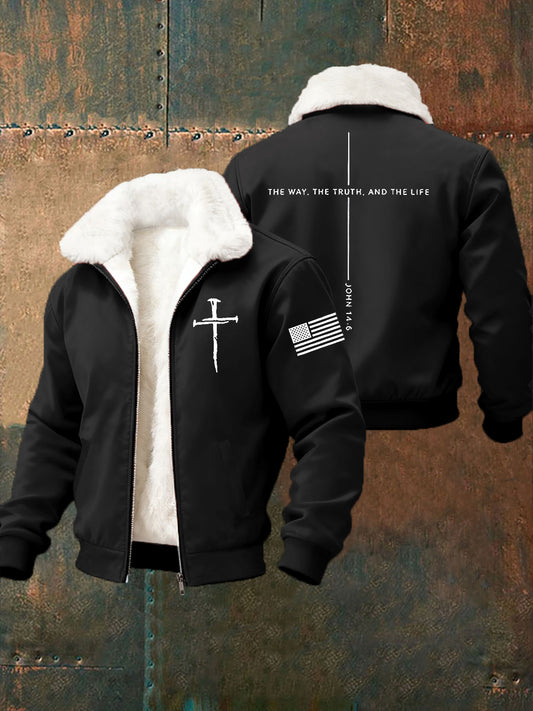 Men's Jesus The Way The Truth The Life Cross Fur Collar Zip-Up Jacket