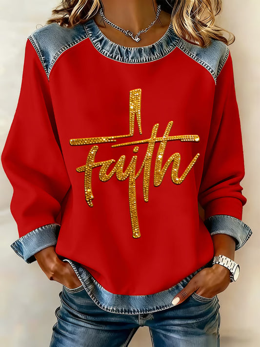 Women's Faith Cross Art Denim Patchwork Top
