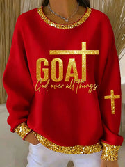 Women's God Over All Things Faith Cross Art Ribbed Round-Neck Sweatshirt