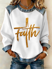 Women's Faith Cross Art Denim Patchwork Top