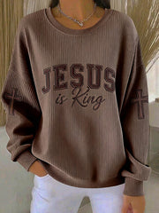 Women's Jesus Is King Print Ribbed Round-Neck Sweatshirt