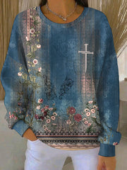 Women's Casual Retro Faith Texture Ribbed Round-Neck Sweatshirt