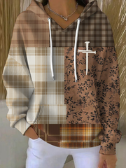 Women's Casual Retro Contrast Color Faith Texture Hoodie