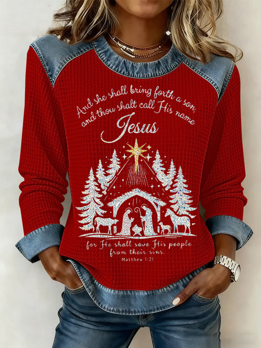 Women's Christmas Print Waffle Sweatshirt