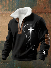 Men's Casual Faith Print Plush Stand Collar Shirt