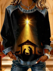 Women's Christian Nativity Scene Greatest Gift of All Denim Patchwork Top