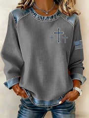 Women's Cross Print Casual Denim Patchwork Top