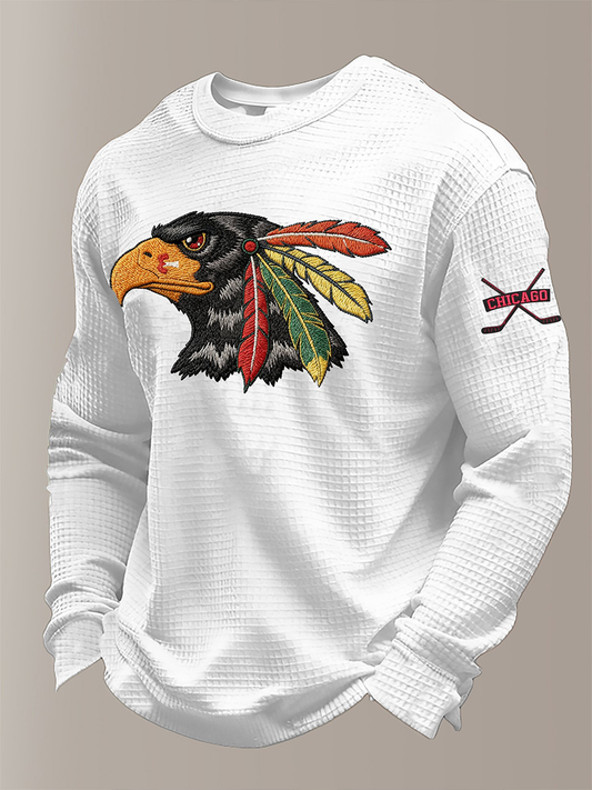 Men's Vintage Hockey Print Waffle Crewneck Sweatshirt