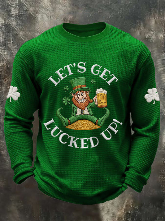 Men's St Patrick's Day Let's Get Lucked Up! Shamrock Print Casual Waffle Long Sleeve T-Shirt