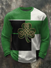 Men's St Patrick's Day Shamrock Colorblock Print Casual Waffle Long Sleeve T-Shirt