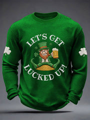 Men's St Patrick's Day Let's Get Lucked Up! Shamrock Print Casual Waffle Long Sleeve T-Shirt