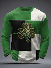 Men's St Patrick's Day Shamrock Colorblock Print Casual Waffle Long Sleeve T-Shirt