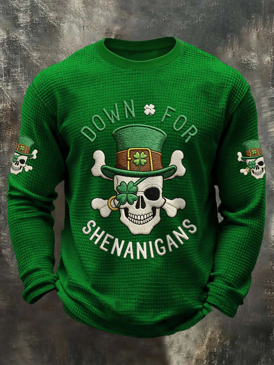 Men's St Patrick's Day Down For Shenanigans Skull Shamrock Print Casual Waffle Long Sleeve T-Shirt