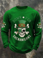 Men's St Patrick's Day Down For Shenanigans Skull Shamrock Print Casual Waffle Long Sleeve T-Shirt