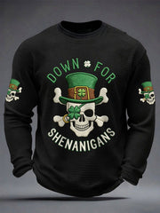 Men's St Patrick's Day Down For Shenanigans Skull Shamrock Print Casual Waffle Long Sleeve T-Shirt
