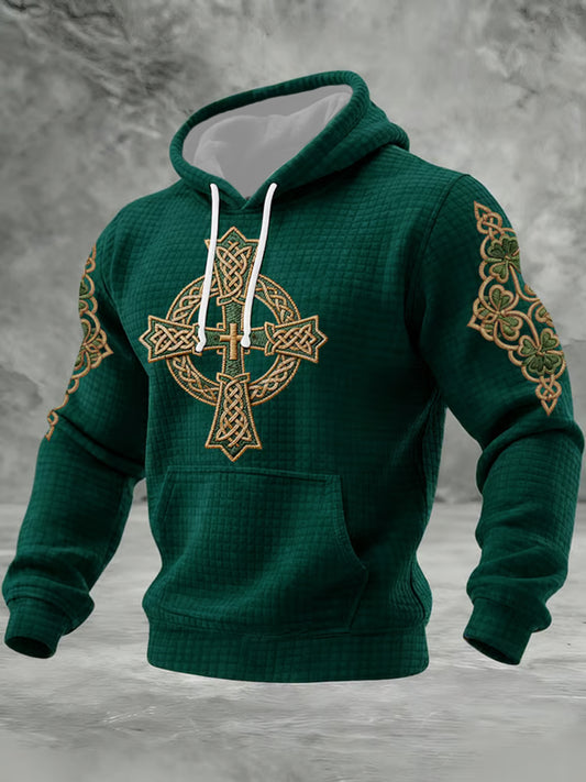 Men's St Patrick's Day Shamrock Celtic Knot Cross Print Checkered Cotton Hoodie