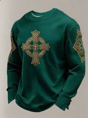 Men's St Patrick's Day Shamrock Celtic Knot Cross Print Waffle Sweatshirt