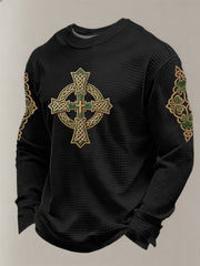 Men's St Patrick's Day Shamrock Celtic Knot Cross Print Waffle Sweatshirt