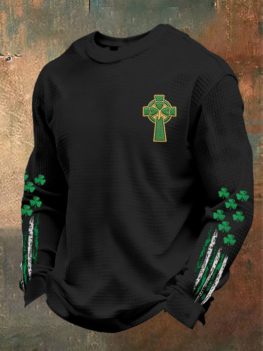 Men's St. Patrick's Day Shamrock Cross Print Waffle Knit Sweatshirt