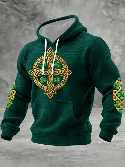 Men's St Patrick's Day Shamrock Celtic Knot Cross Print Checkered Cotton Hoodie
