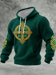 Men's St Patrick's Day Shamrock Celtic Knot Cross Print Checkered Cotton Hoodie